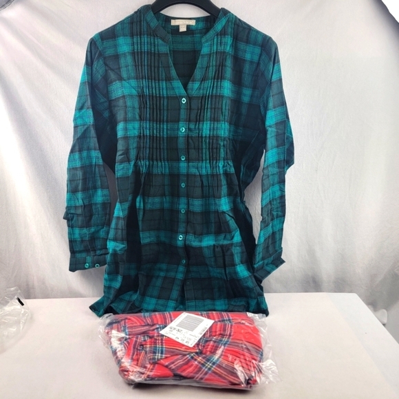 NWT set of 2 Woman Within pintuck flannel shirts in red & jade plaid size lg - Picture 1 of 6